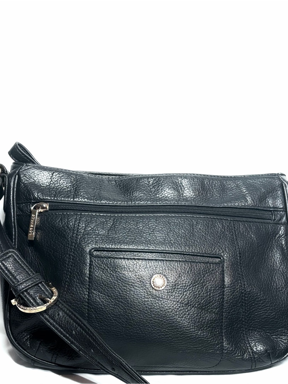 Stone & Co Classic Black Leather Shoulder Bag with Front Pocket